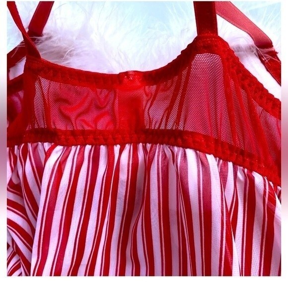 Inner Secrets Red White Stripe Feather Trim Babydoll Nightie Lingerie Sz S - Picture 8 of 12